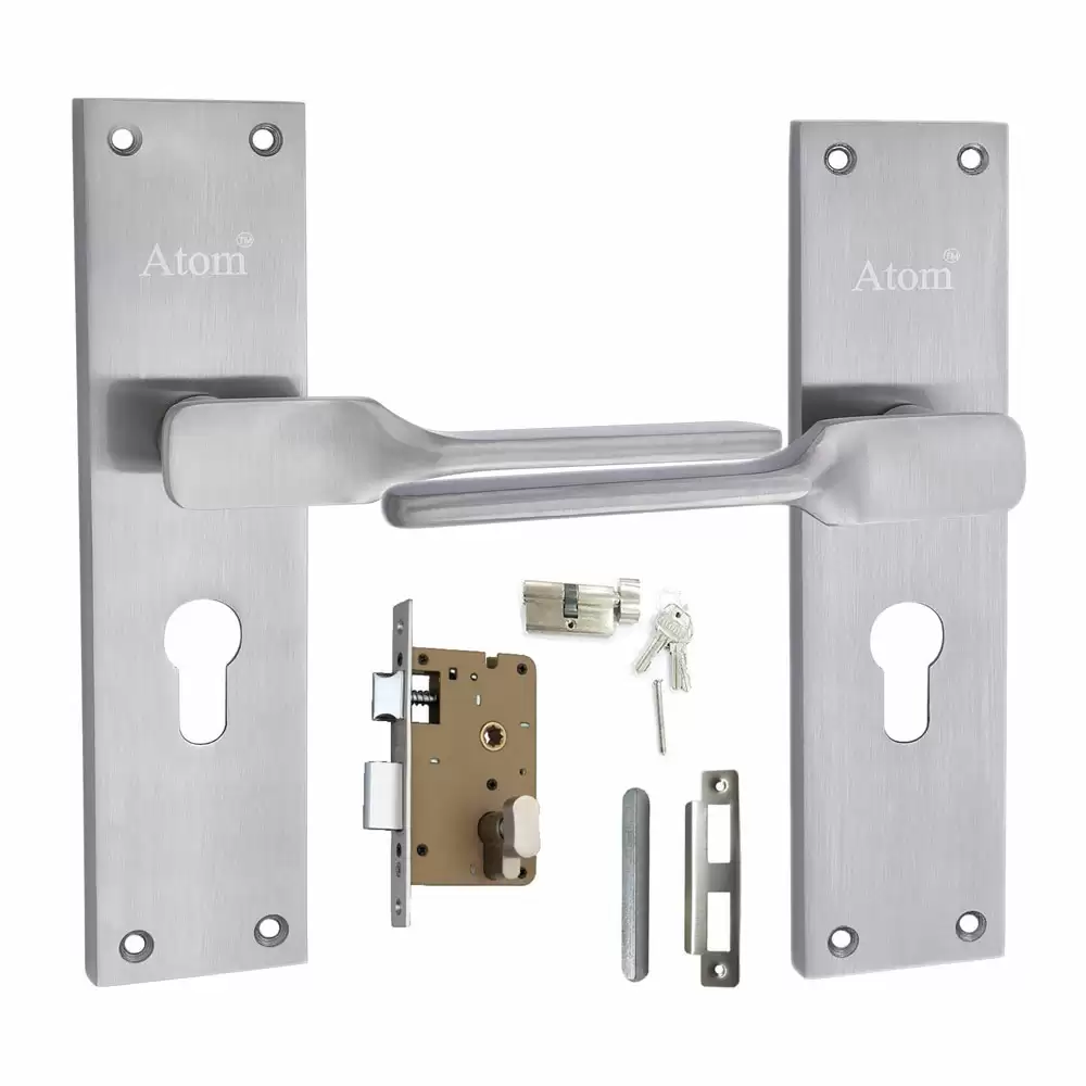 Atom Locks MH-WIH52-CY-SS-OSK Brass CY Handle on Plate Door Handleset With Lock Body and Cylinder (Satin)