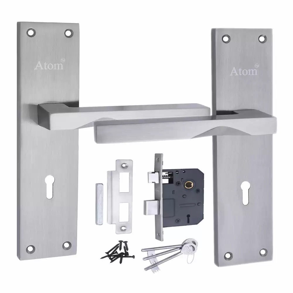 Atom Locks MH-WIH53-KY-SS Brass KY Handle on Plate Door Handleset With Lock Body and Keys (Satin)