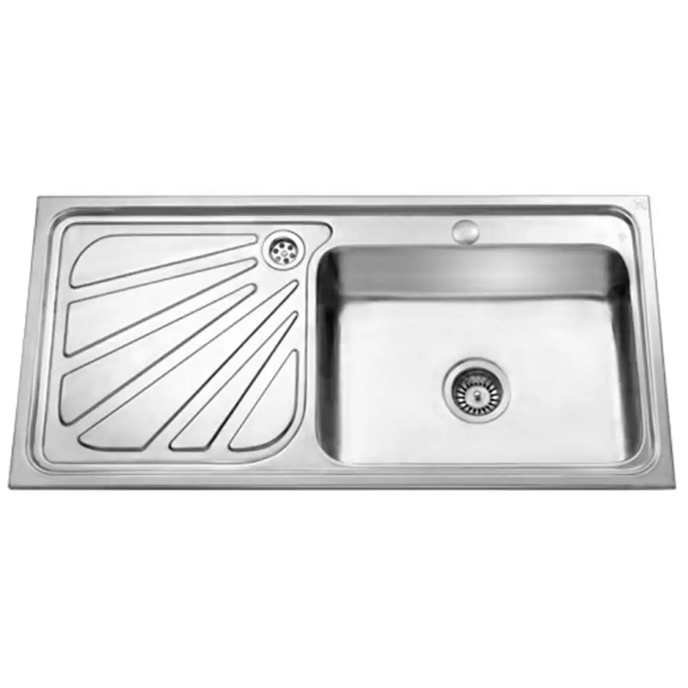 Jayna Jupiter RHD Pressed Stainless Steel Single Bowl Kitchen Sink with Waste Coupling & Drainboard - Matt (20.5 x 15 x 8) inches 