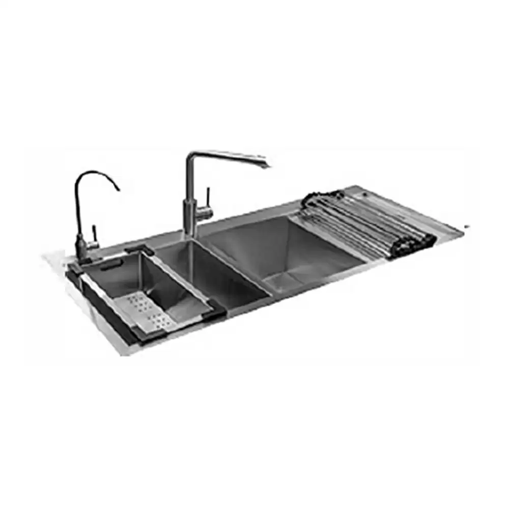 Jayna Combo-08 Pressed Stainless Steel 2 Bowl Kitchen Sink With Drainboard & Accessories, Satin Finish - (1200 L x 510 W) mm