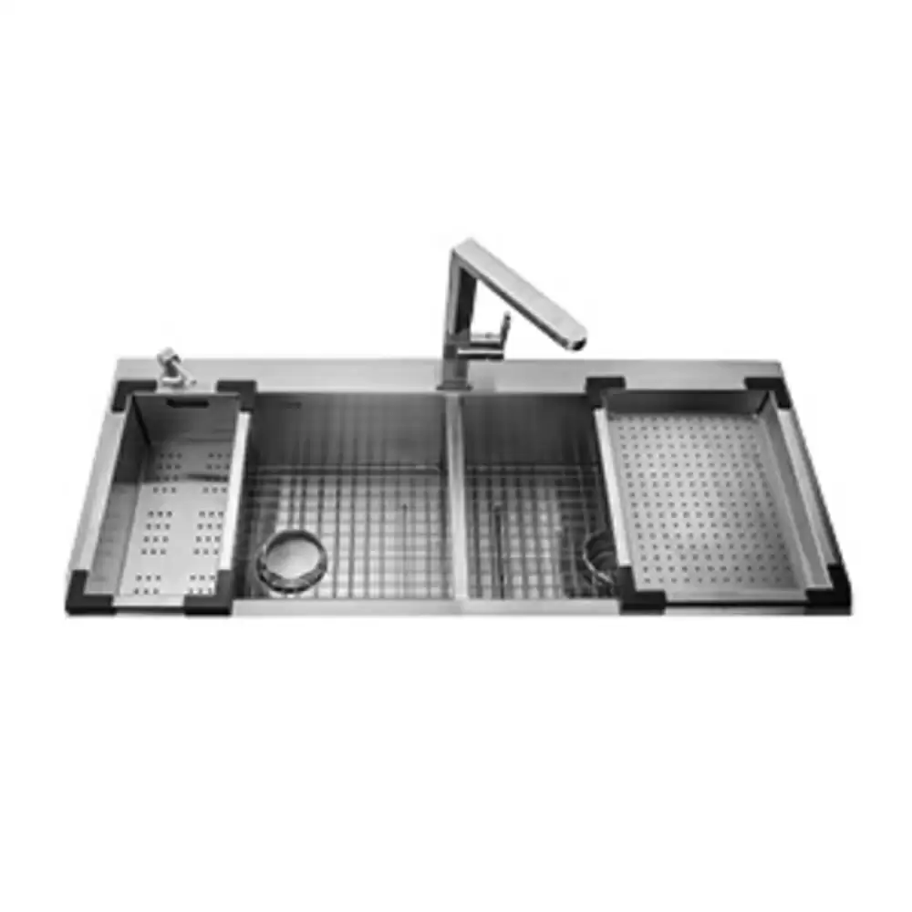 Jayna Combo-11 Pressed Stainless Steel 2 Bowl Kitchen Sink With Drainboard & Accessories, Brush Finish - (1145 L x 510 W) mm