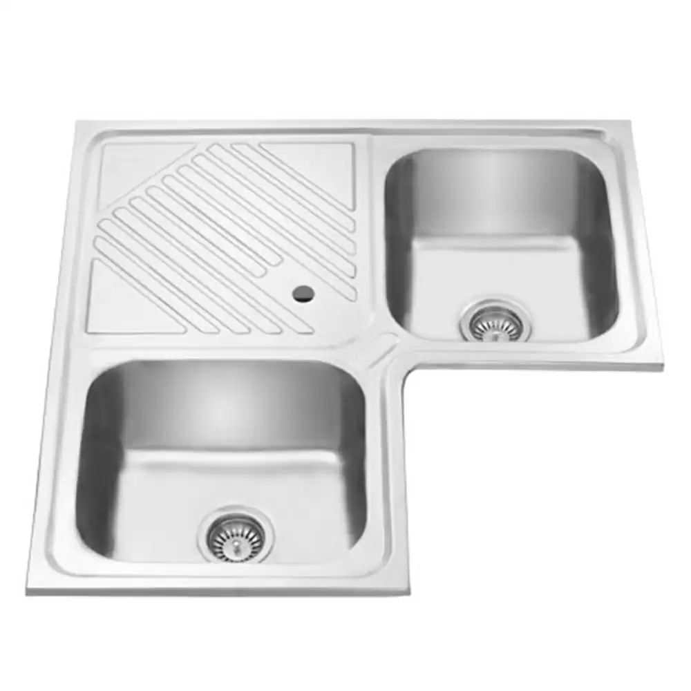 Jayna Symphony Corner Pressed Stainless Steel Double Bowl Kitchen Sink with Waste Coupling & Drainboard - Glossy (16 x 14 x 8) inches - CS 01