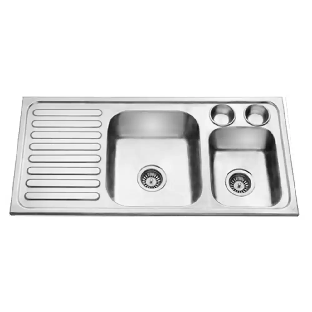 Jayna Jubilee Double Pressed Stainless Steel Double Bowl Kitchen Sink with Waste Coupling & Drainboard - Matt (16 x 14 x 8) inches - DBMB 07 (LHD)