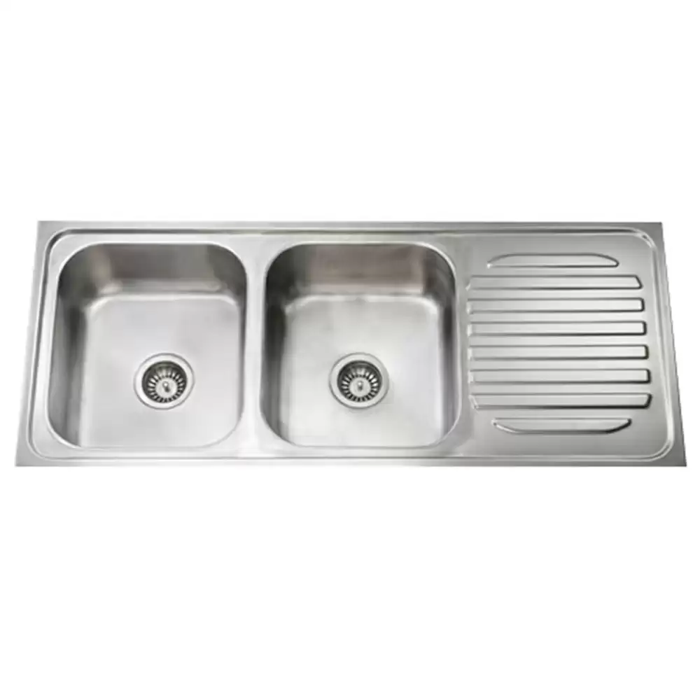 Jayna Mercury Pressed Stainless Steel Double Bowl Kitchen Sink with Waste Coupling & Drainboard - Matt (16 x 14 x 9) inches 