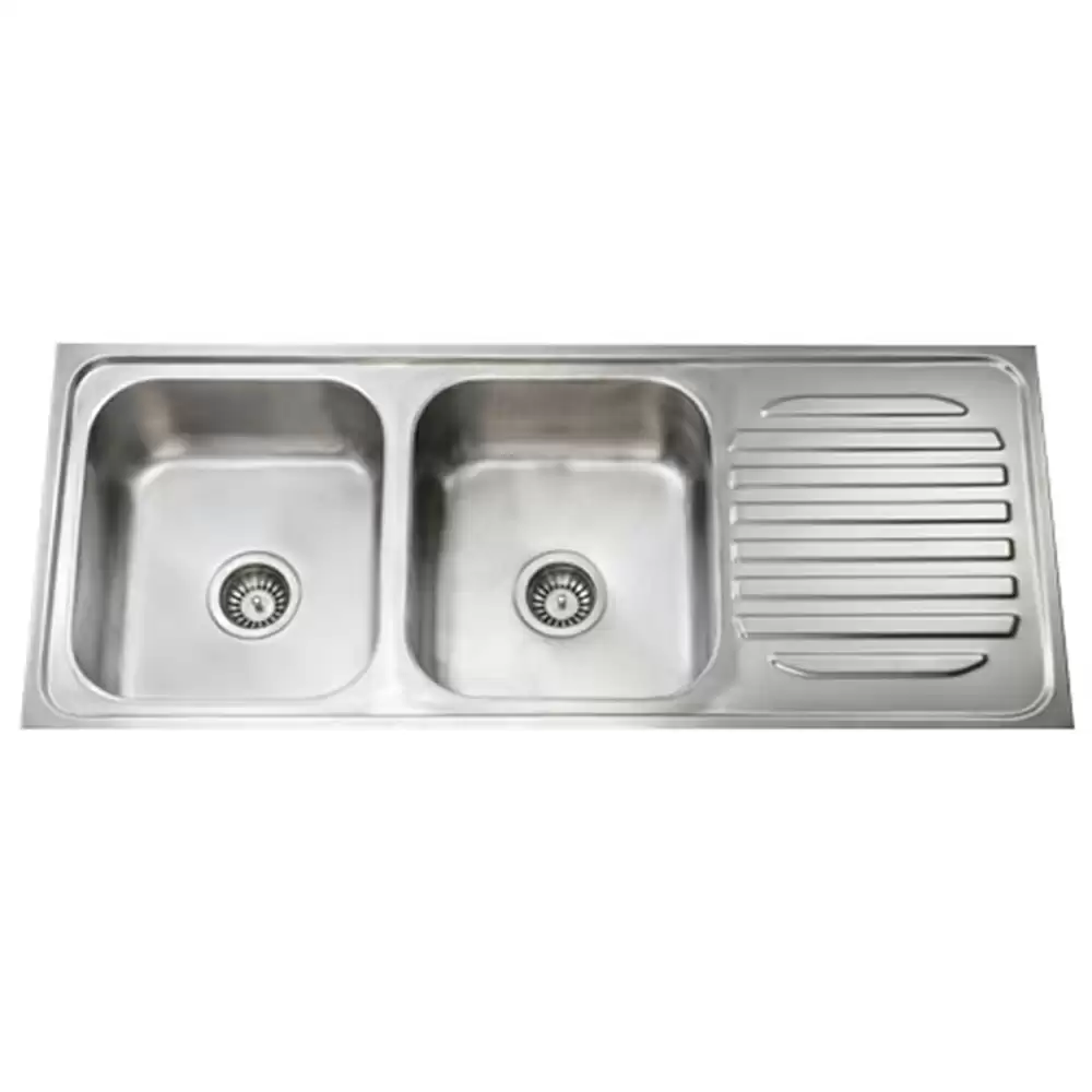 Jayna Mercury Pressed Stainless Steel Double Bowl Kitchen Sink with Waste Coupling & Drainboard - Glossy (16 x 14 x 7) inches 