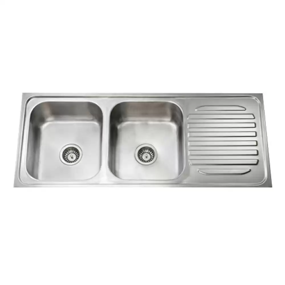 Jayna Mercury Pressed Stainless Steel Double Bowl Kitchen Sink with Waste Coupling & Drainboard - Glossy (16 x 16 x 8) inches - DBSD 01 (A)