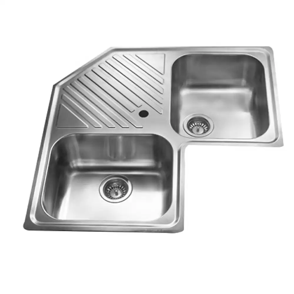 Jayna Symphony Corner Pressed Stainless Steel Double Bowl Kitchen Sink with Waste Coupling & Drainboard - Matt (16 x 14 x 8) inches - CS 03