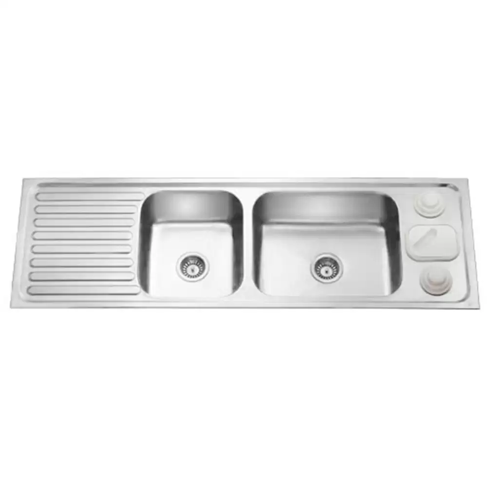 Jayna Zodiac Pressed Stainless Steel Double Bowl Kitchen Sink with Waste Coupling & Drainboard - Glossy (20 x 16 x 8) inches - DBGB 04