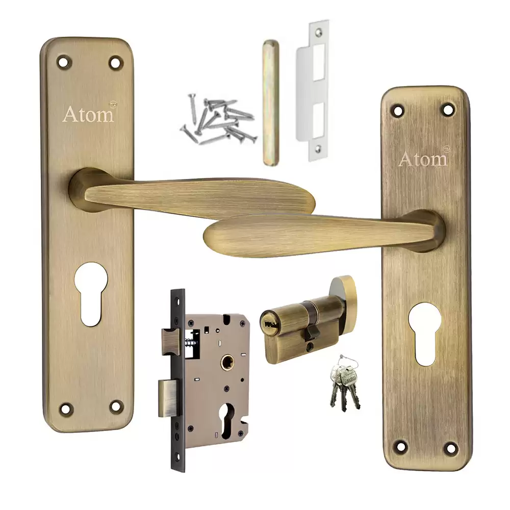 Atom 7.5 inch Door Handleset with Handle, Lock Body & One Side Key & One Side Knob Cylider (Brass Antique)