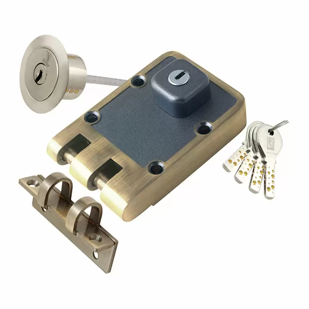 Guide Locks GL 4002-Zamak-3 Ultra Verti Bolt Rim Lock, One Side Key+Knob - (Brush Antique)