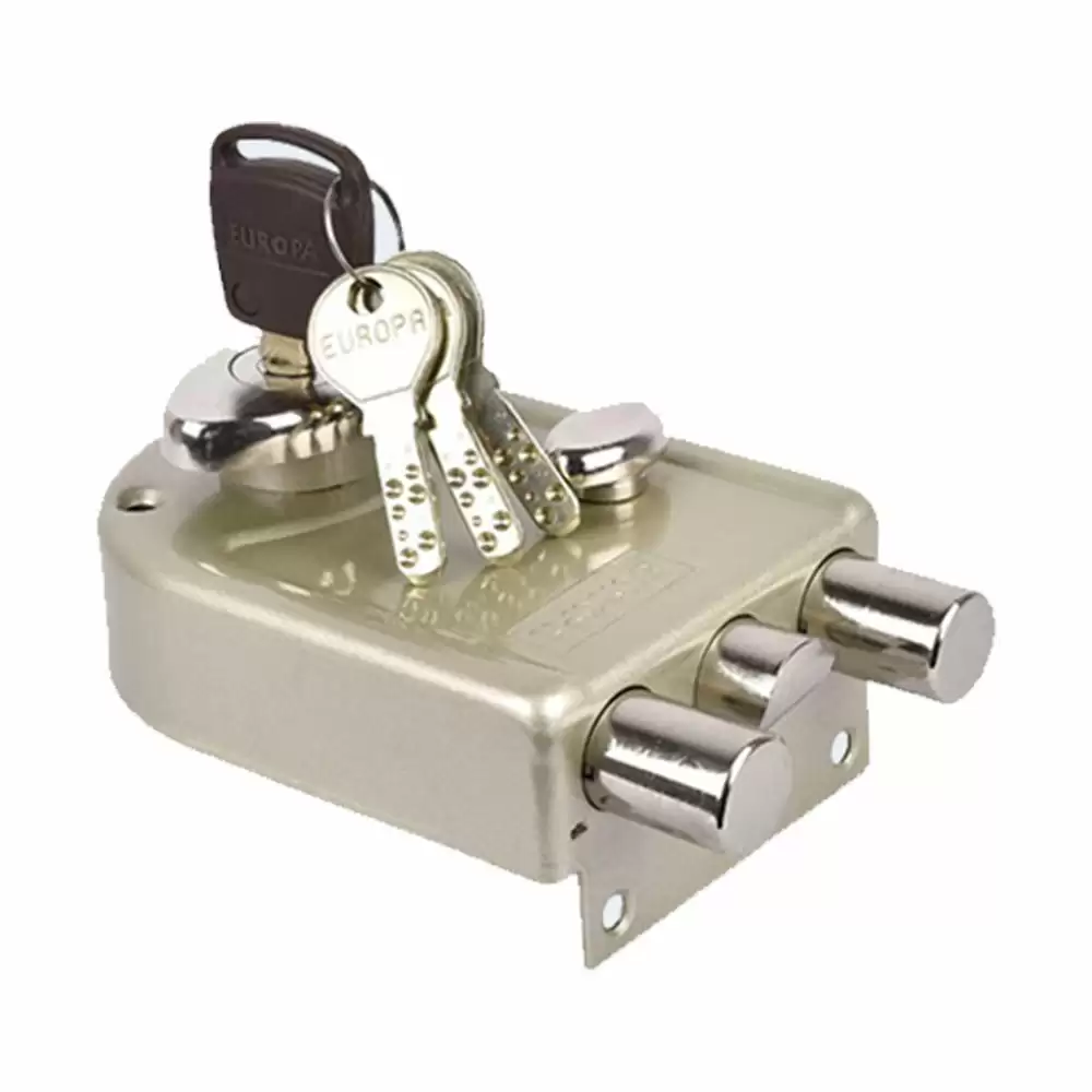 Europa 8023 2 CK Lockable Knob Main Door Rim Lock With 2 Dead Bolt & 1 Latch Bolt (Nickel Silk)