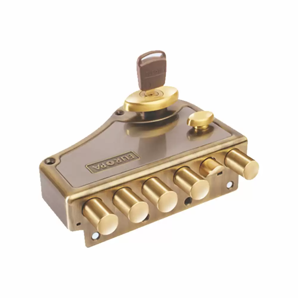 Europa Hexabolt 2 CK Lockable Knob Main Door Rim Lock With 5 Dead Bolt & 1 Latch Bolt (Antique Brass)
