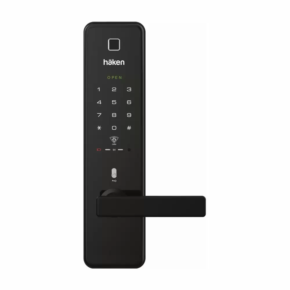 Haken HDL-M44 Smart Door Rim Lock for Home with Fingerprint, Touch Pad, RFID Card & Key - Black