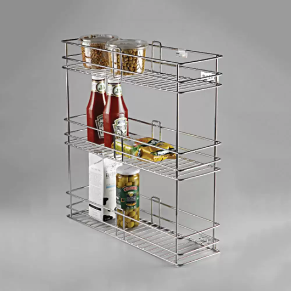 Peacock Kitchen Stainless Steel Three Shelf Wire Bottle Pull Out - (8 W x 20 D x 21 H) Inch