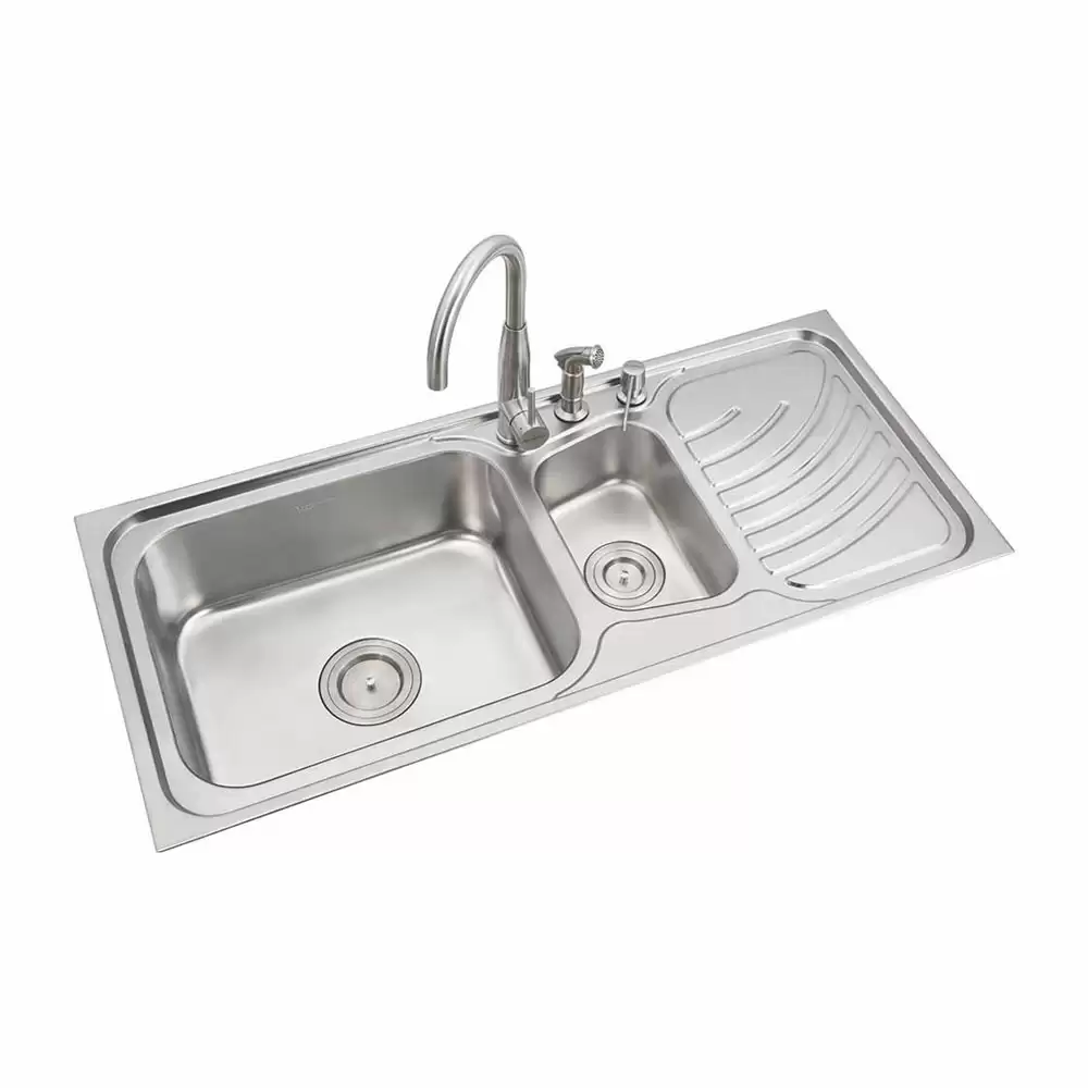 Anupam Luxury Designer Stainless Steel Double Bowl Kitchen Sink with Drainboard and Accessories - Satin (45 L x 20 W x 8 D) Inch