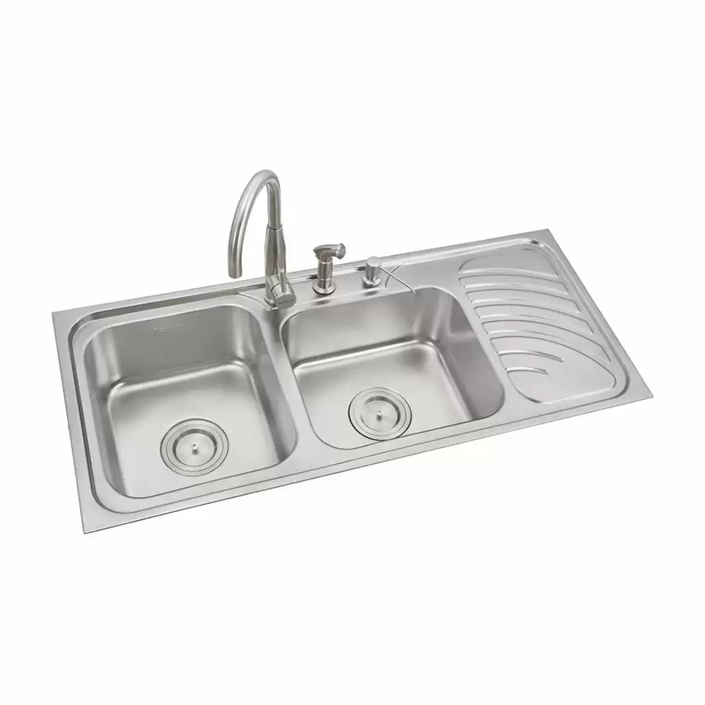 Anupam Luxury Designer Stainless Steel Double Bowl Kitchen Sink with Drainboard & Accessories - Satin (45 L x 20 W x 8 D) Inch