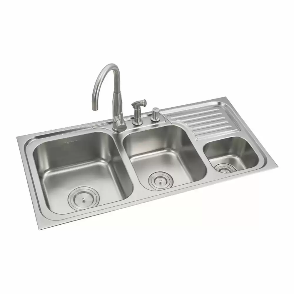 Anupam Luxury Designer Stainless Steel Triple Bowl Kitchen Sink with Drainboard & Accessories - Satin (41 L x 20 W x 7 D) Inch