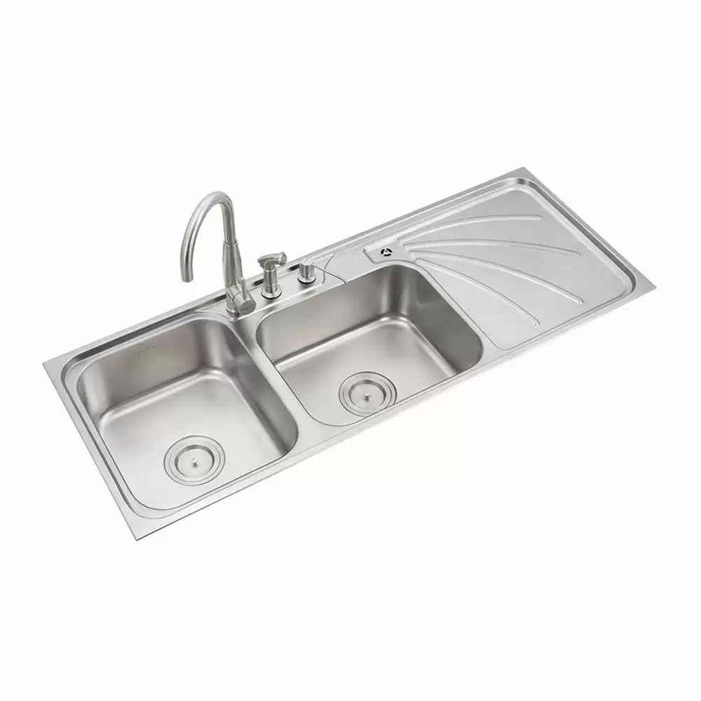 Anupam Luxury Designer Stainless Steel Double Bowl Kitchen Sink with Drainboard & Accessories - Satin (54 L x 21 W x 8 D) Inch