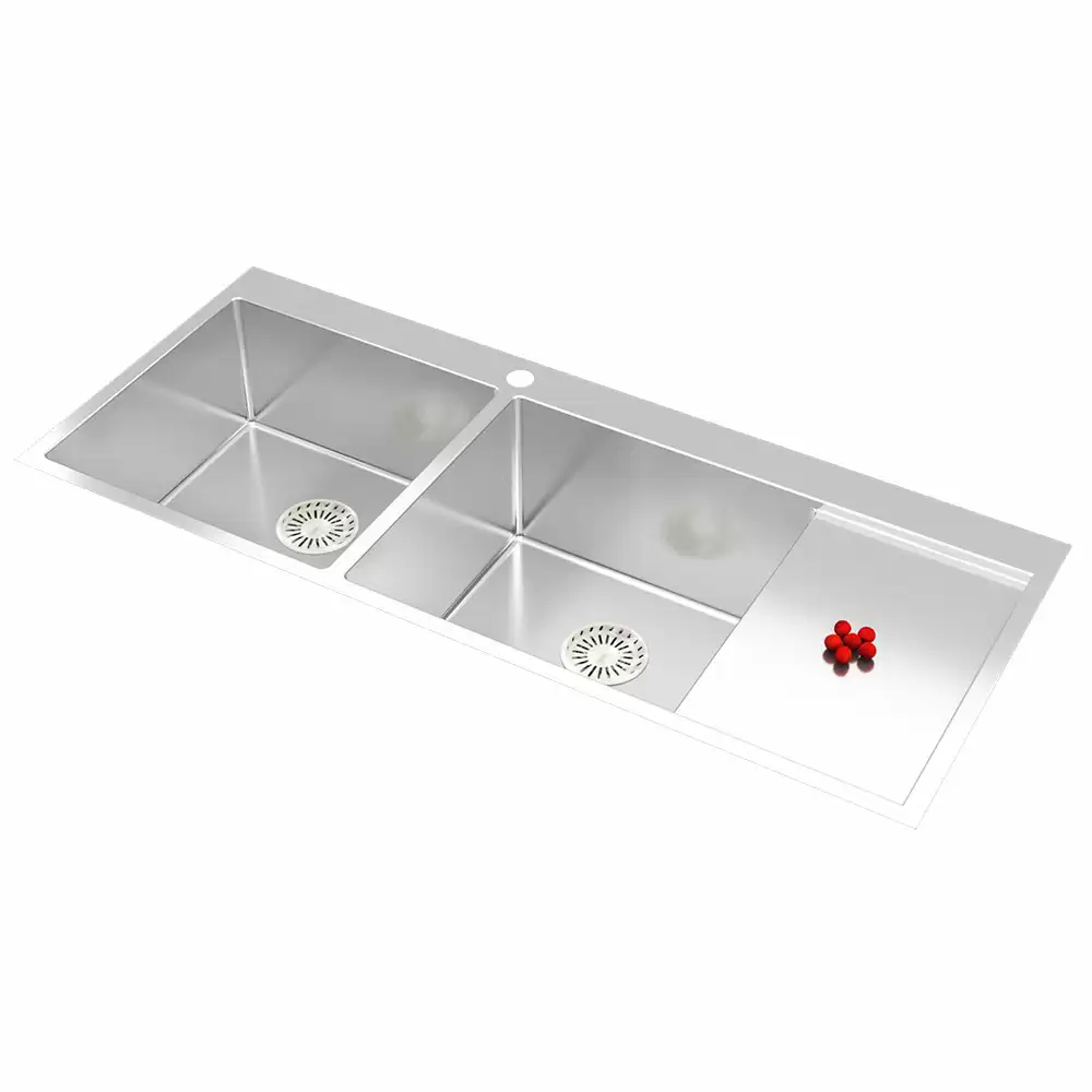 Anupam Prism Designer Stainless Steel Double Bowl with Drainboard Kitchen Sink and Waste Coupling - Satin (48 L x 20 W x 10 D) Inch