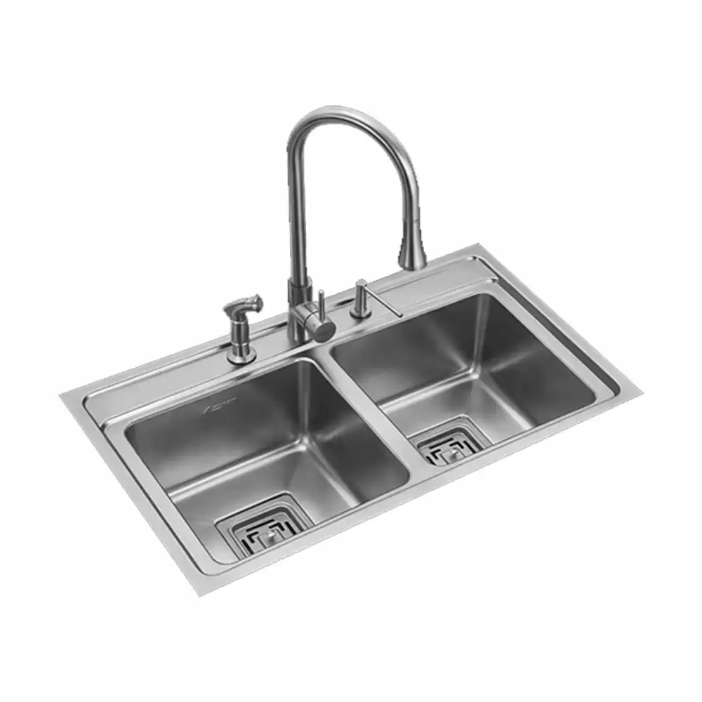 Anupam Signature Designer Stainless Steel Double Bowl Kitchen Sink with Accessories - Satin (34 L x 20 W x 8 D) Inch