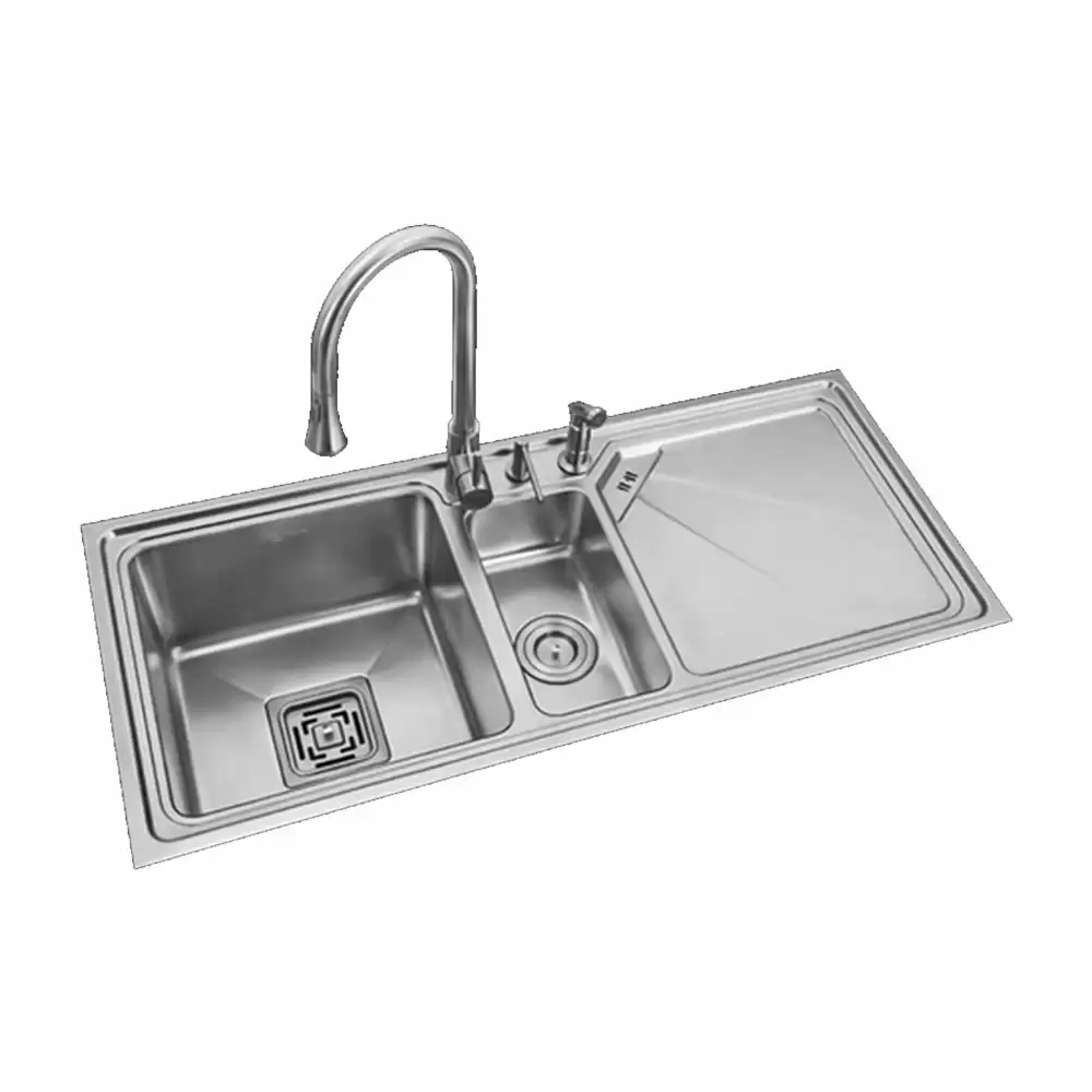 Anupam Signature Designer Stainless Steel Double Bowl Kitchen Sink with Drainboard & Accessories - Satin (45 L x 20 W x 9 D) Inch