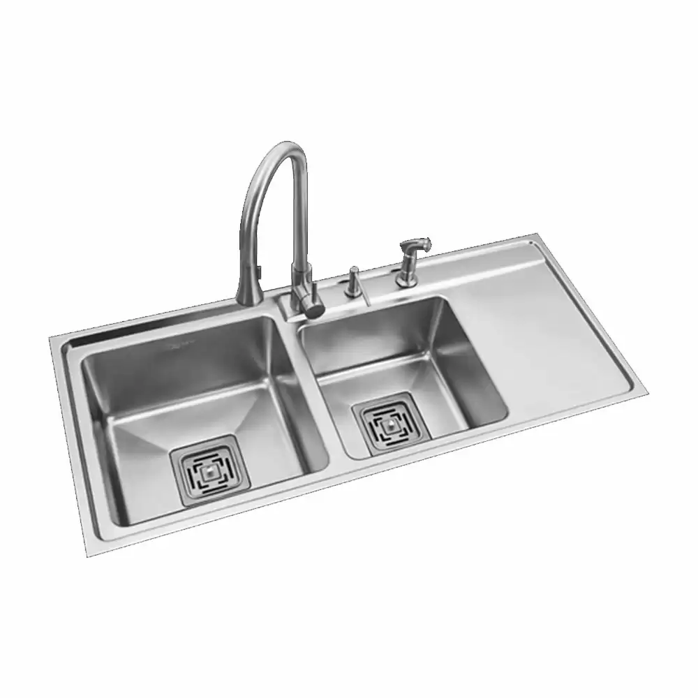 Anupam Signature Designer Stainless Steel Double Bowl Kitchen Sink with Drainboard & Accessories - Satin (45 L x 20 W x 8 D) Inch