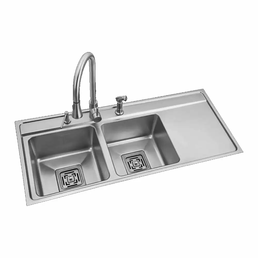 Anupam Signature Designer Stainless Steel Double Bowl Kitchen Sink with Drainboard and Accessories - Satin (45 L x 20 W x 8 D) Inch