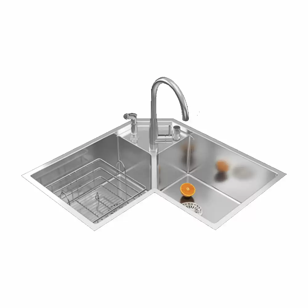 Anupam Unique Designer Stainless Steel Corner Double Bowl Kitchen Sink with Accessories - Satin (30 L x 18 W x 10 D) Inch