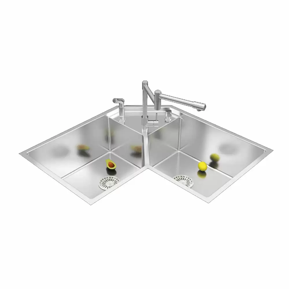 Anupam Unique Designer Stainless Steel Corner Double Bowl Kitchen Sink with Accessories - Satin (33 L x 20 W x 10 D) Inch