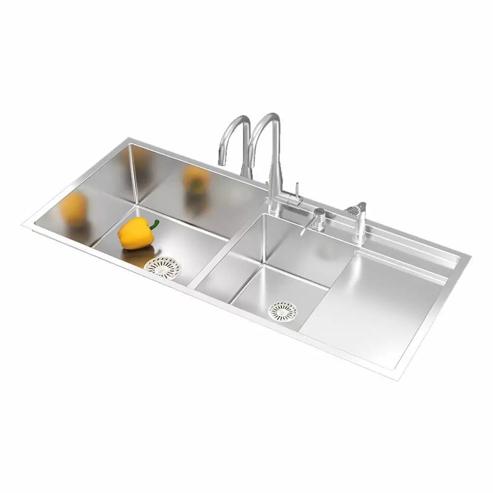 Anupam Unique Designer Stainless Steel Double Bowl Kitchen Sink with Drainboard & Accessories - Satin (45 L x 20 W x 10 D) Inch