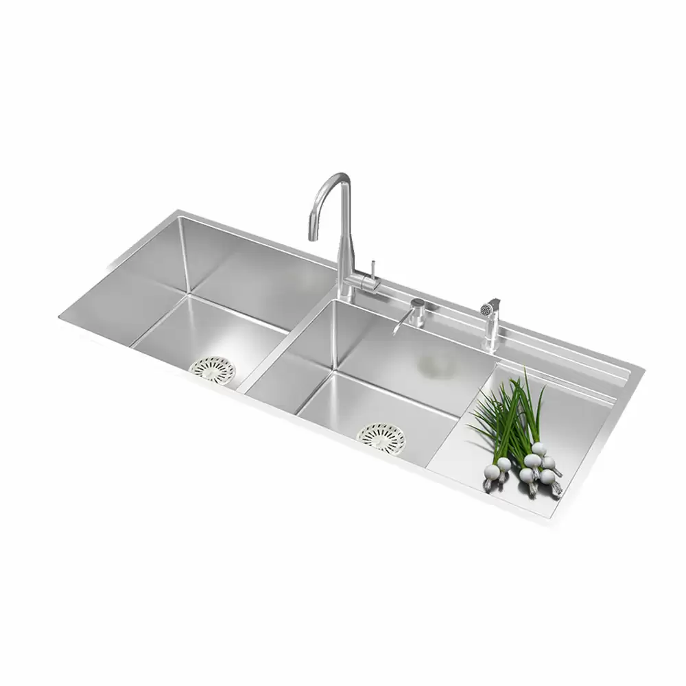 Anupam Unique Designer Stainless Steel Double Bowl Kitchen Sink with Drainboard & Accessories - Satin (48 L x 20 W x 10 D) Inch