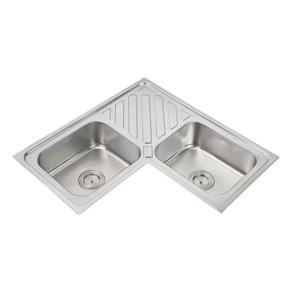 Anupam Luxe Designer Stainless Steel 304 Double Bowl Corner Kitchen Sink with Drainboard & Waste Coupling - Satin (38 L x 20 W x 8 D) Inch