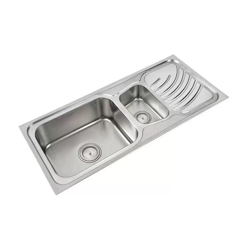 Anupam Luxe Designer Stainless Steel 304 Double Bowl Kitchen Sink with Drainboard & Waste Coupling - Satin (45 L x 20 W x 8 D) Inch