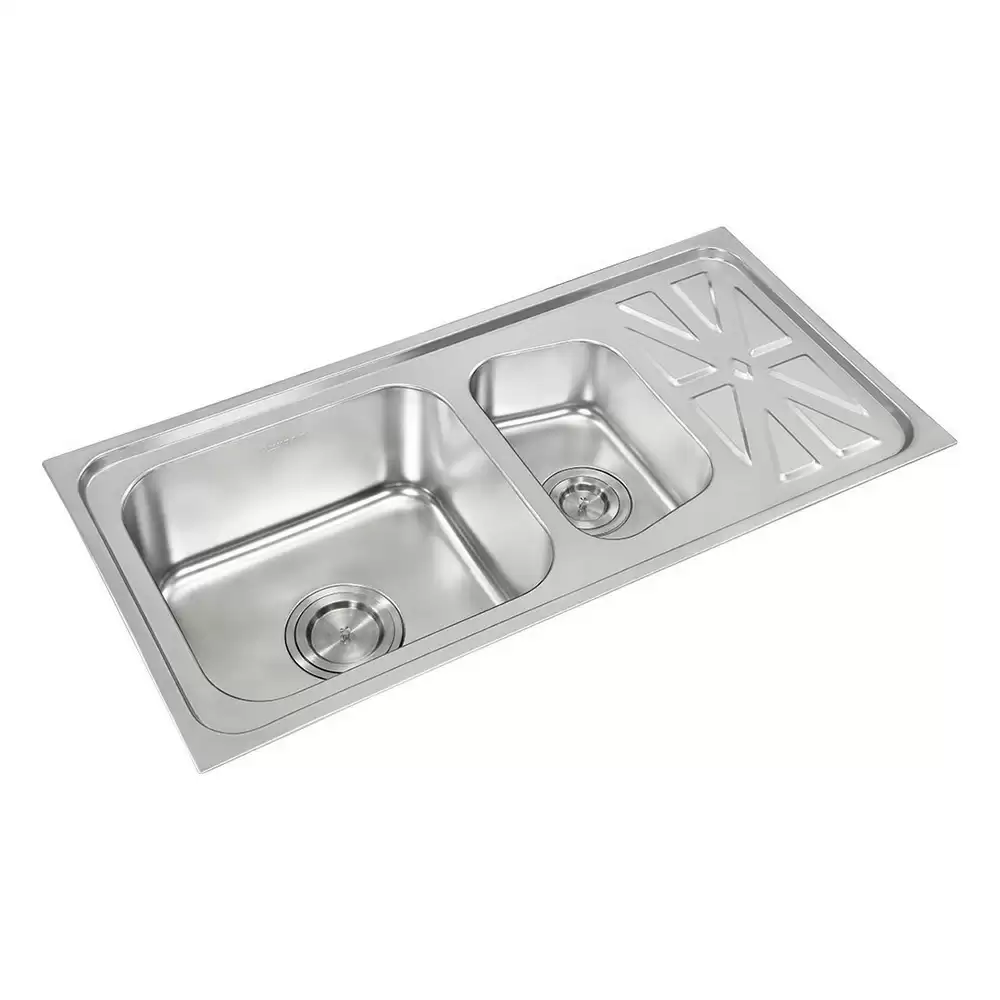 Anupam Luxe Designer Stainless Steel 304 Double Bowl Kitchen Sink with Drainboard & Waste Coupling - Satin (37 L x 18 W x 8 D) Inch