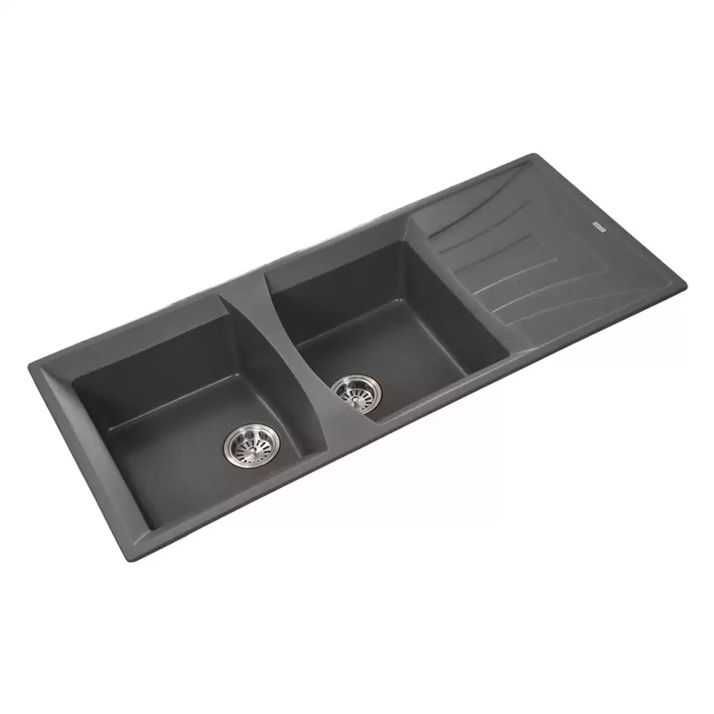 Anupam Kristal Designer Granite Double Bowl Kitchen Sink with Drainboard & Waste Coupling - Grey (45 L x 20 W x 8 D) Inch