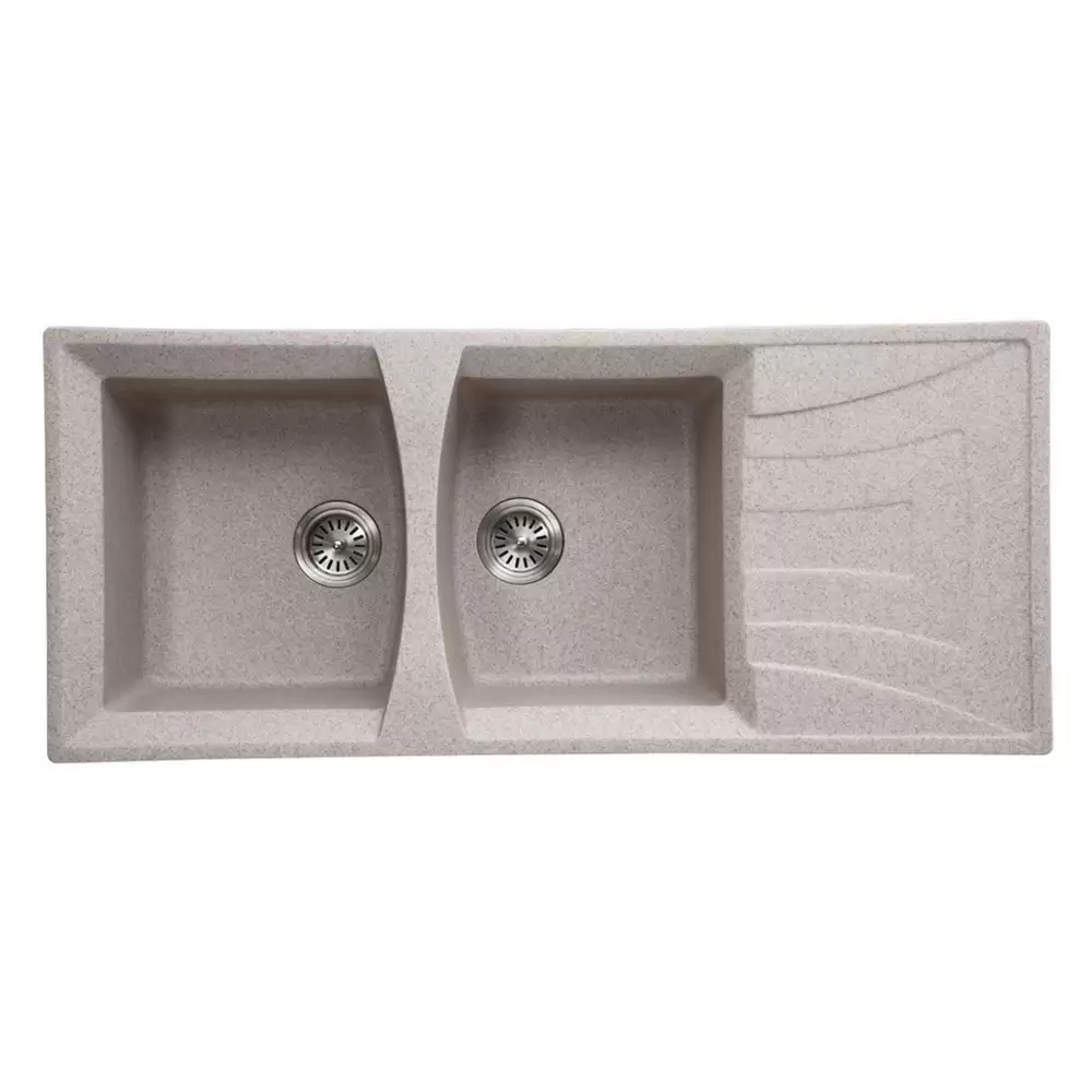 Anupam Kristal Designer Granite Double Bowl Kitchen Sink with Drainboard & Waste Coupling - Sand Beige (45 L x 20 W x 8 D) Inch