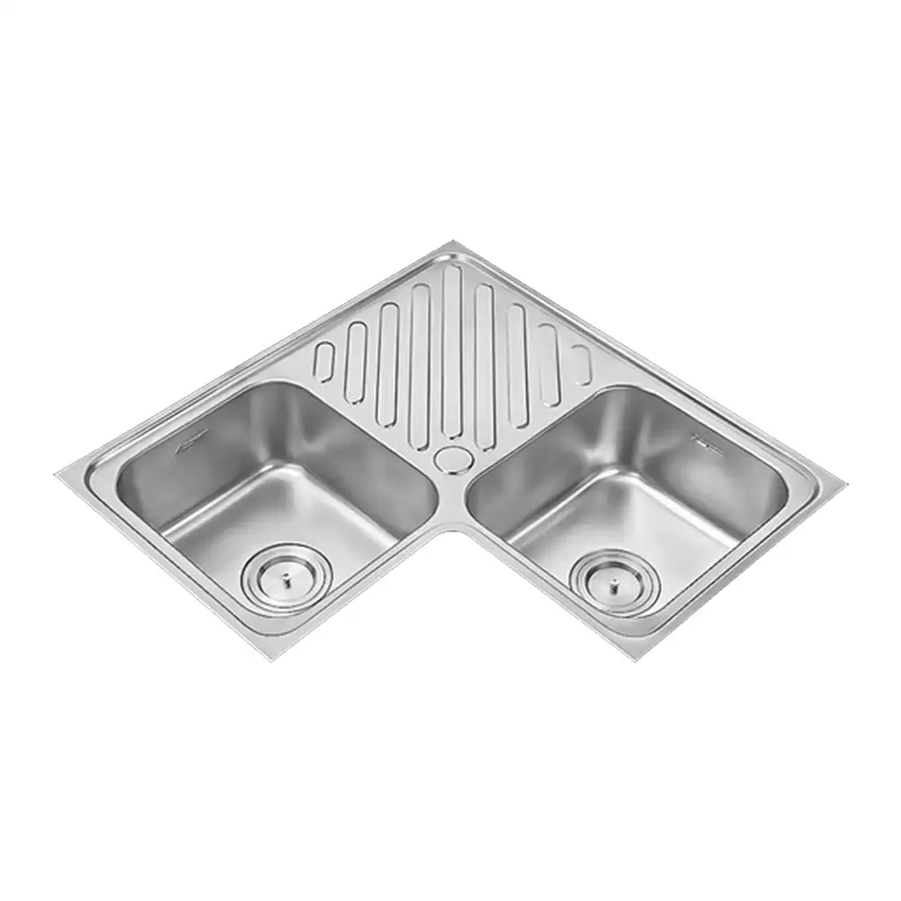 Anupam Luxe Designer Stainless Steel Double Bowl Corner Kitchen Sink with Drainboard & Waste Coupling - Satin (33 L x 20 W x 8 D) Inch