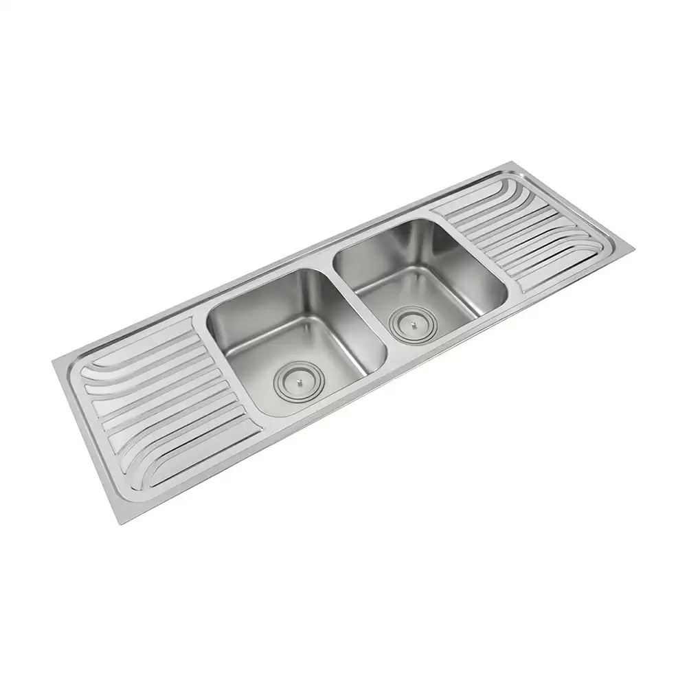 Anupam Luxe Designer Stainless Steel Double Bowl Kitchen Sink with Double Drainboard & Waste Coupling - Satin (60 L x 20 W x 8 D) Inch