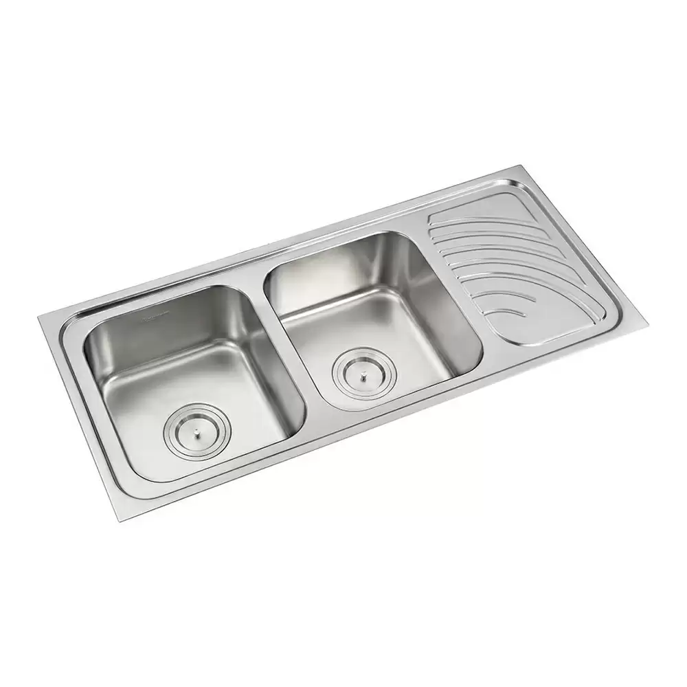 Anupam Luxe Designer Stainless Steel Double Bowl Kitchen Sink with Drainboard & Waste Coupling - Satin (45 L x 20 W x 8 D) Inch