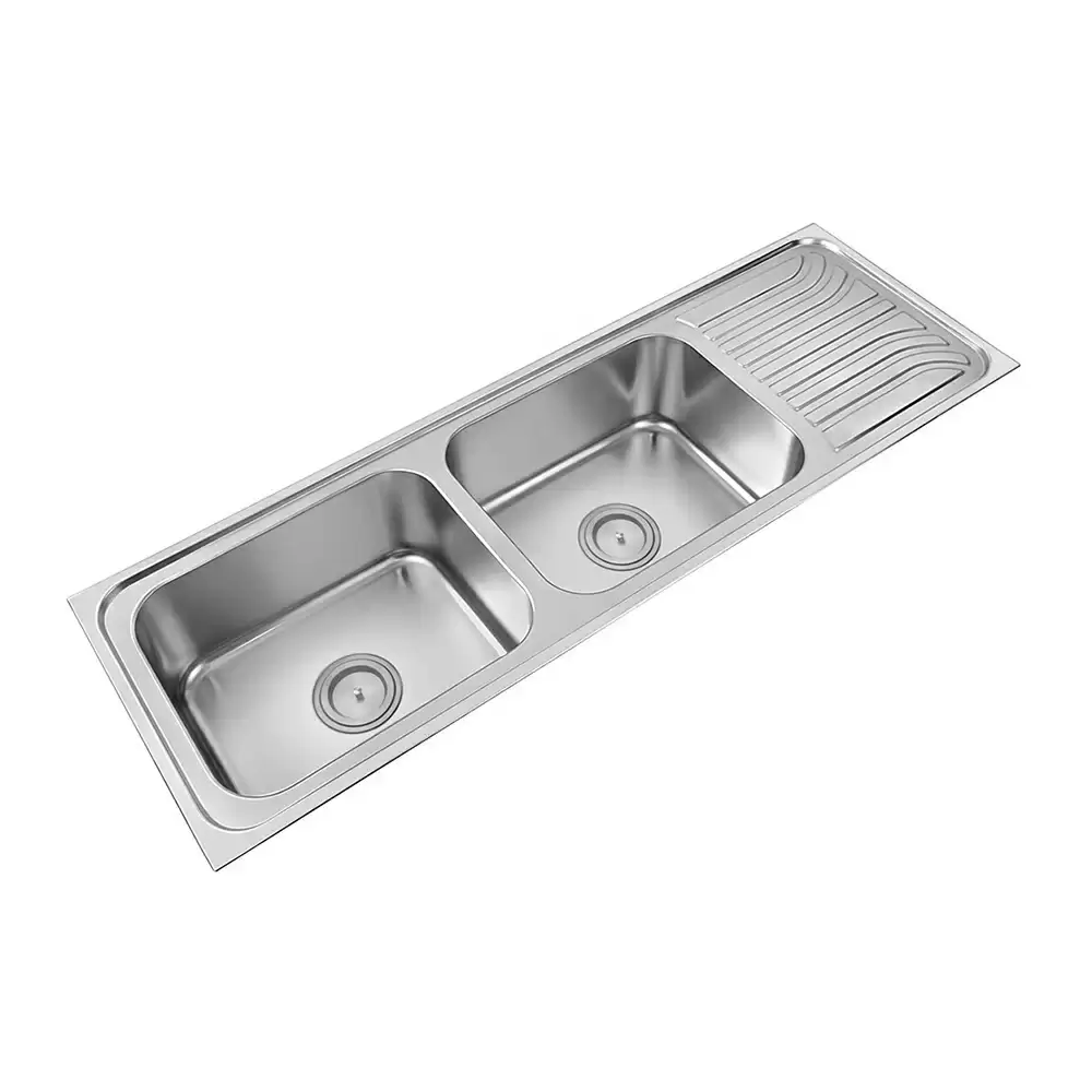 Anupam Luxe Designer Stainless Steel Double Bowl Kitchen Sink with Drainboard & Waste Coupling - Satin (60 L x 20 W x 9 D) Inch