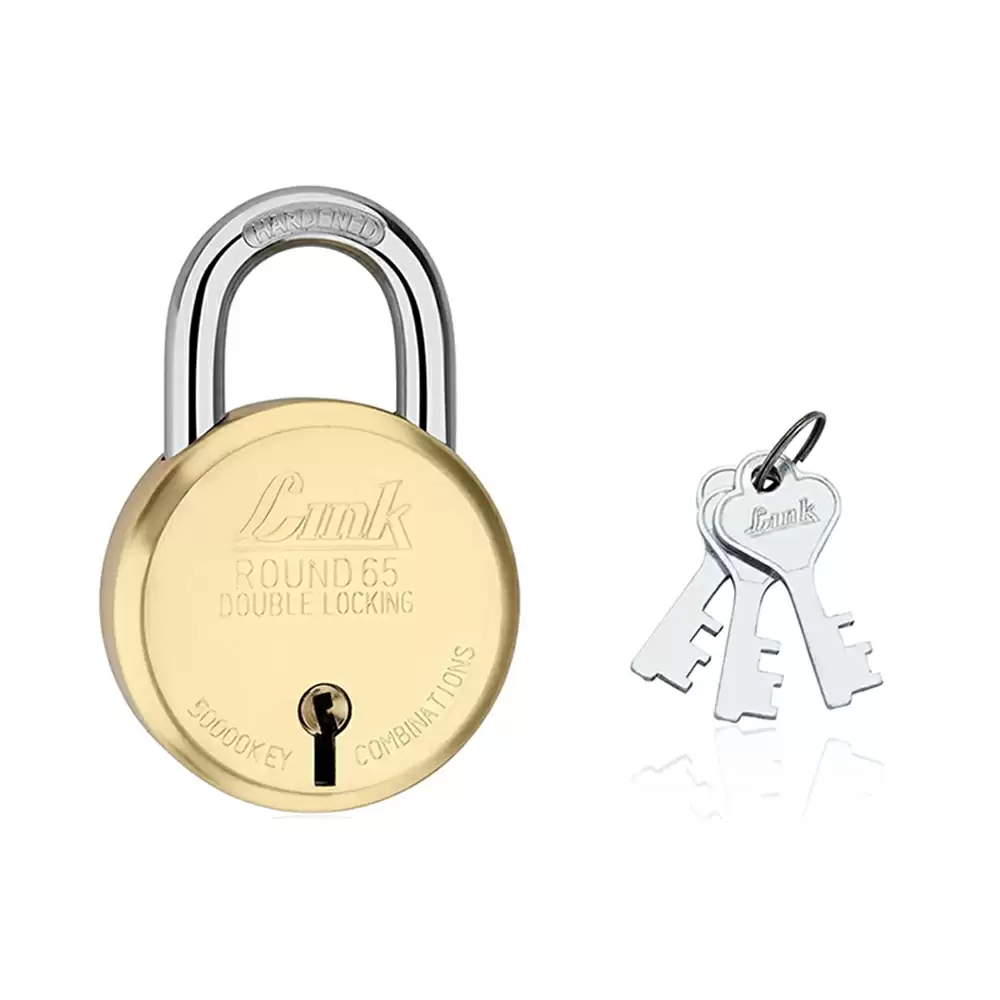 Link New Round Hardened Shackle Padlock With 3 Keys - 65 mm (Brass Finish)