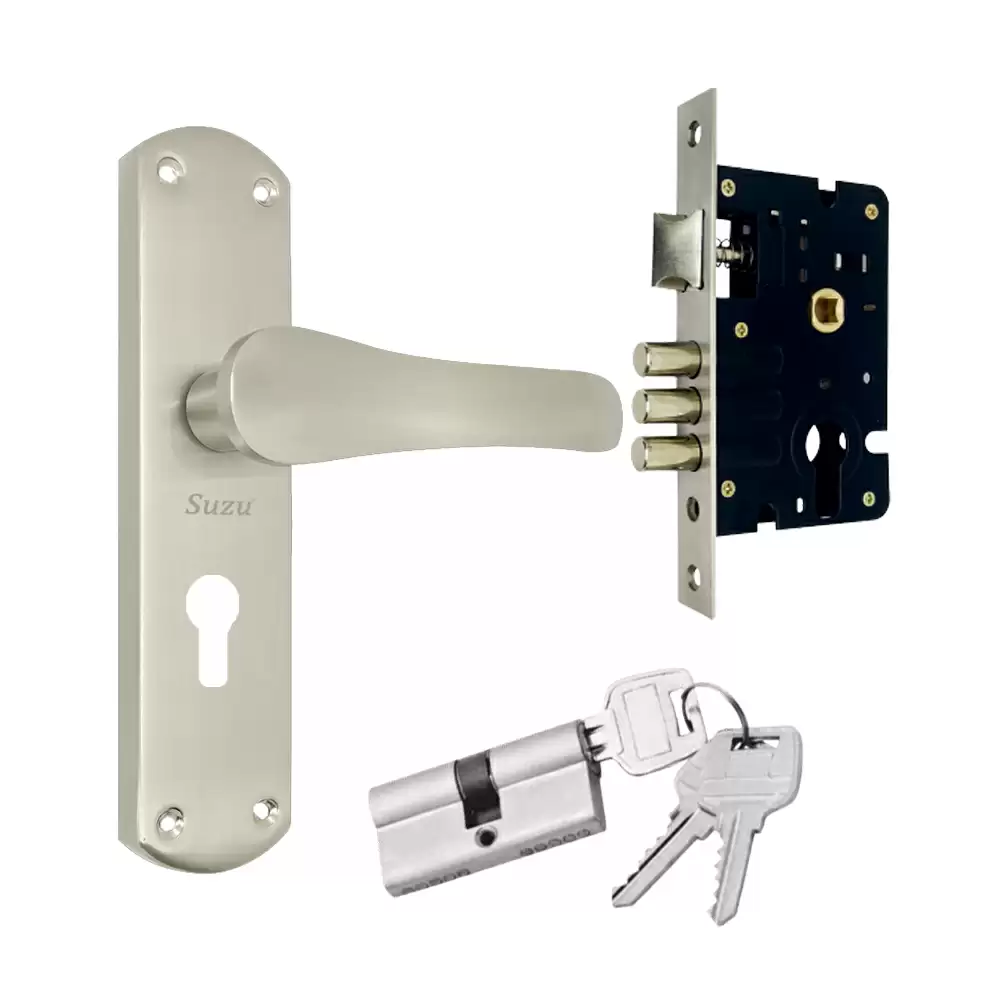 Suzu MS Rover 200 mm CY Door Handleset With Lock Body & 60 mm BSK Pin Cylinder (Entrance) - Stainless Steel