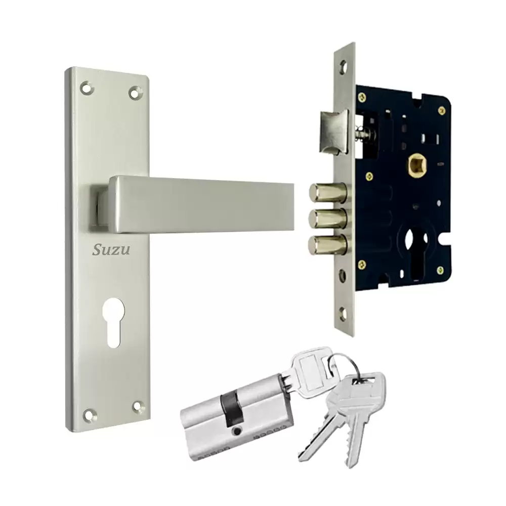 Suzu Suprio 200 mm CY Door Handleset With Lock Body & 60 mm BSK Pin Cylinder (Entrance) - Stainless steel