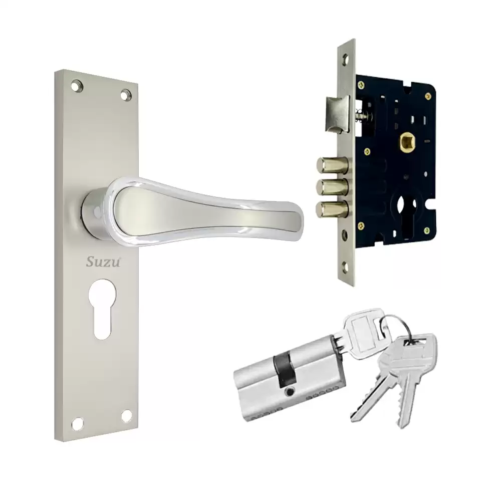 Suzu Leon 200 mm CY Door Handleset With Lock Body & 60 mm BSK Pin Cylinder (Entrance) - Twotone