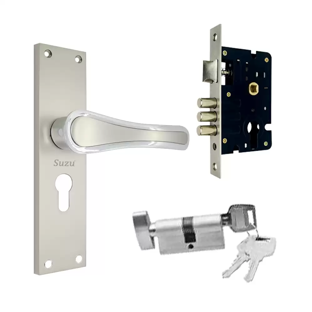 Suzu Leon 200 mm CY Door Handleset With Lock Body & 60 mm OSK Pin Cylinder (Bedroom) - Twotone