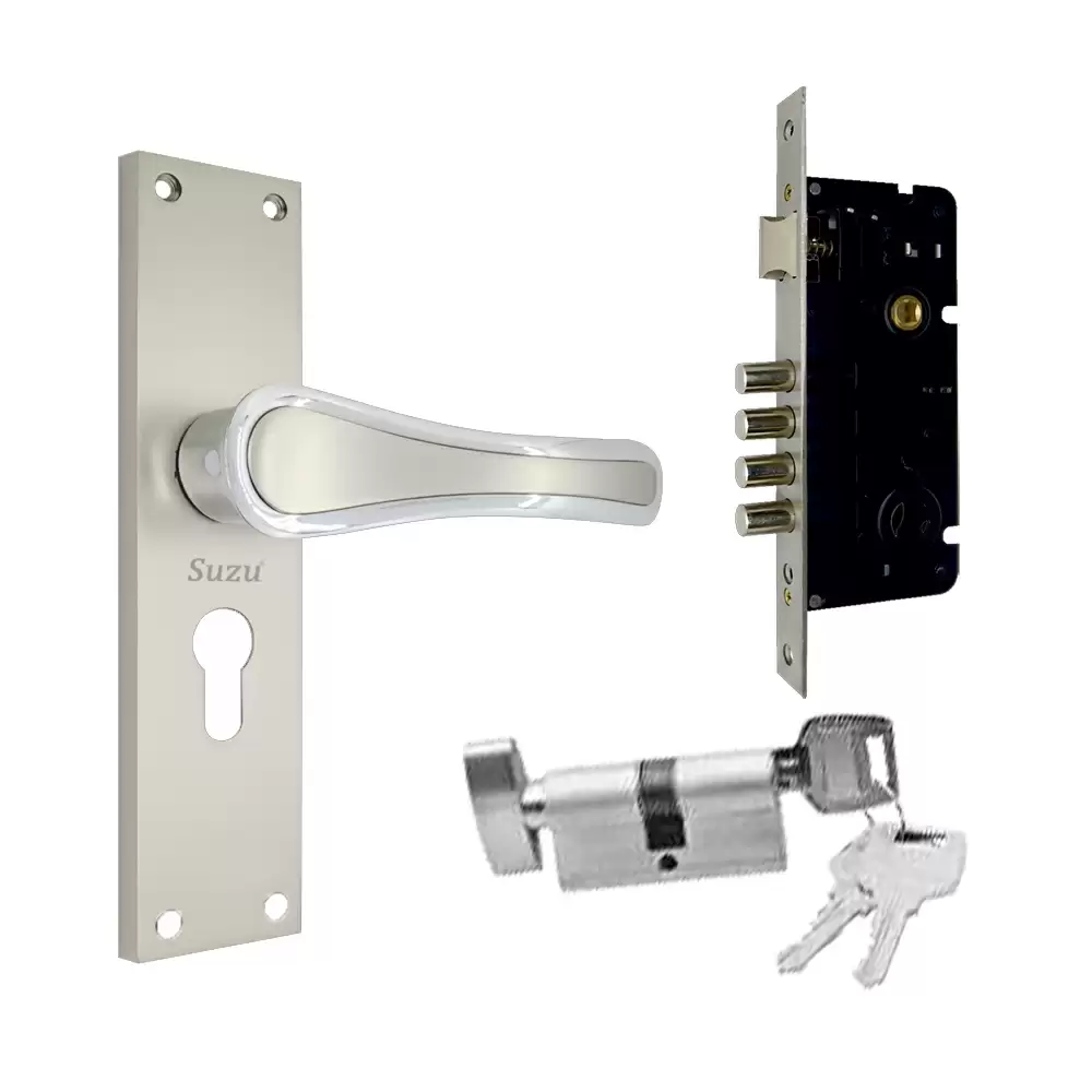 Suzu Leon 250 mm CY Door Handleset With Lock Body & 60 mm OSK Pin Cylinder (Bedroom) - Twotone