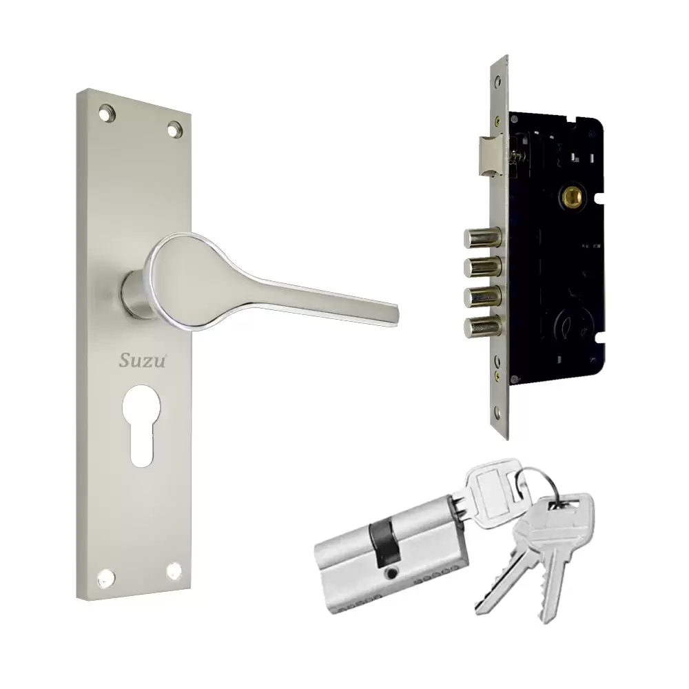 Suzu Tune 250 mm CY Door Handleset With Lock Body & 60 mm BSK Pin Cylinder (Entrance) - Twotone