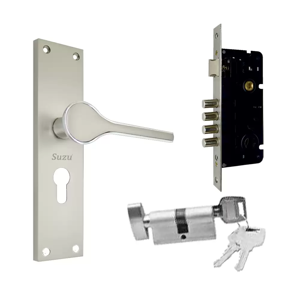 Suzu Tune 250 mm CY Door Handleset With Lock Body & 60 mm OSK Pin Cylinder (Bedroom) - Twotone