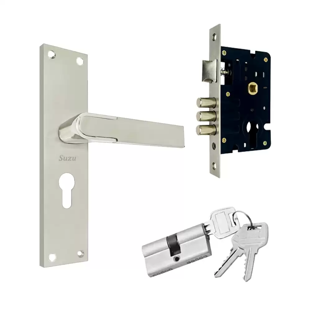 Suzu Puma 200 mm CY Door Handleset With Lock Body & 60 mm BSK Pin Cylinder (Entrance) - Twotone