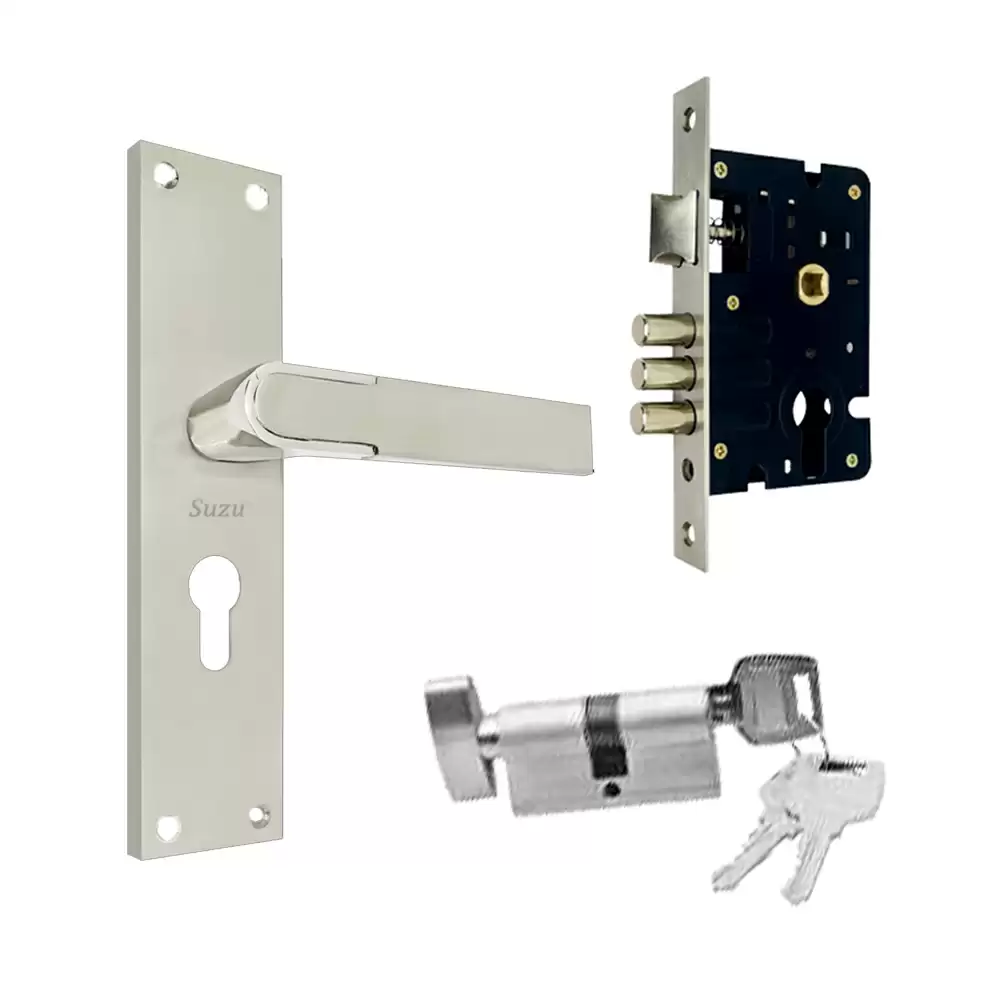 Suzu Puma 200 mm CY Door Handleset With Lock Body & 60 mm OSK Pin Cylinder (Bedroom) - Twotone